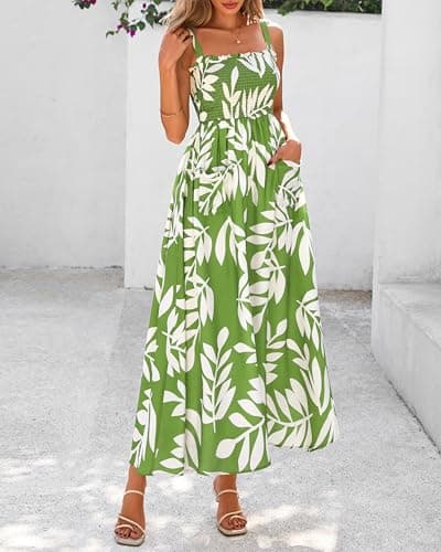 PRETTYGARDEN Womens Summer Dresses 2026 Casual Spaghetti Strap Ruffle Smocked Flowy Floral Spring Maxi Dress with Pocket(Leaves Light Green,Medium) - Thumbnail 3