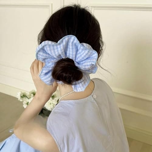 Jseng 3PCS Large Gingham Scrunchies for Hair, Sweet Hair Ties, Beige and Black - Thumbnail 2