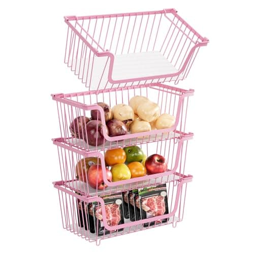 4 Pcs Stackable Wire Baskets for Pantry Organizers and Storage,pink, - Image 1