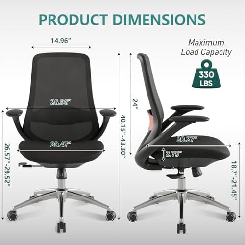Ergonomic Mesh Office Chair, 330LBS Executive Desk Chair with Lumbar Support, 2D Armrests, Comfy Swivel Computer Task Chairs for Long Hours (Black) - Thumbnail 2