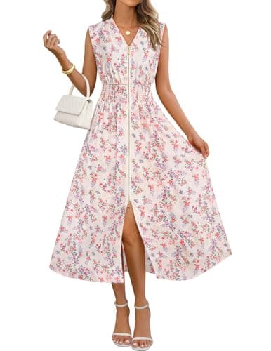 MEROKEETY Women's Summer Sleeveless Floral Maxi Dress 2026 Boho Casual Flowy Zipper V Neck Split Beach Dresses, Apricot, X-Large - Image 1