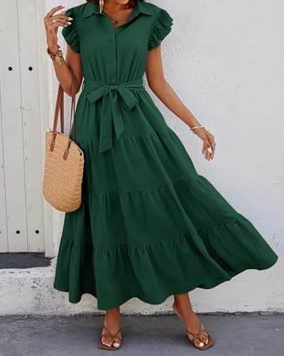 dowerme Woman Spring Dresses Cap Sleeve V Neck Button Elastic High Waist Belted Tiered Boho Flowy Swing Beach Dress(Dark Green,X-Large) - Thumbnail 3