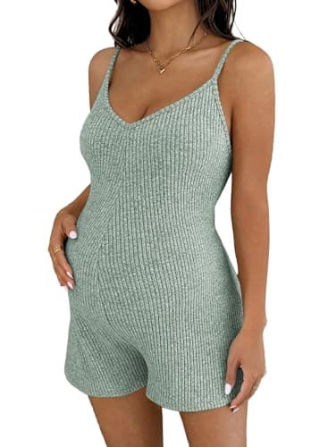 BLENCOT Maternity Romper for Women Summer Casual V Neck Sleeveless Jumpsuit Yoga Pregnancy Clothes Light Green Medium - Image 1