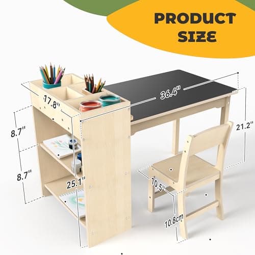 doowroodni Kids Art Table and Chair Set, Sturdy Beech Wood Study Desk for Children’s Drawing, Learning & Play - Multi-Functional Activity Table for Home,Toddler Desk with Storage and 1 Chair - Thumbnail 2