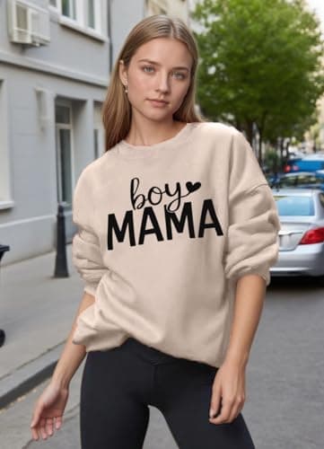 YHHR Mama Sweatshirts for Women Boy Mom Letter Print Long Sleeve Pullover Casual Crew Neck Fall Blouse Tops Apricot - Thumbnail 2