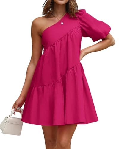 KIRUNDO Summer One Shoulder Mini Baby Doll Dresses Women 2026 Casual Puff Sleeve Loose Tiered A Line Flowy Short Dress(Rose Red, Large) - Image 1