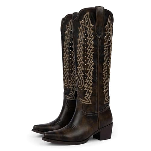 VIUGJNEX Cowgirl Boots for Women Dark Chocolate Brown Knee High Western Dark Chocolate Brown Cowboy Boots Slip On Chunky Heel Pointed Toe Pull On Tall Boot for Party Concert Retro Classic Size 9 - Image 1