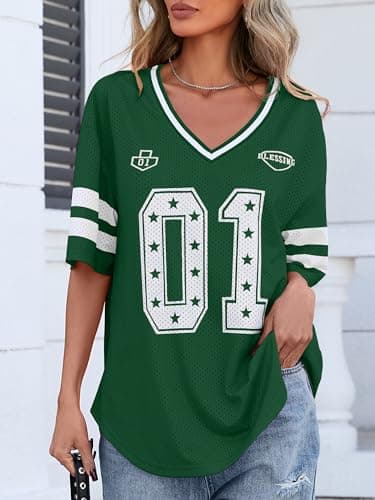 Bellcoco Women's Y2k Graphic Shirts Oversized Jersey Tops V Neck Number Print Off Shoulder Tees Football Streetwear Green Graphic XL - Thumbnail 5