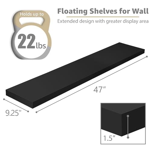 Sorbus Floating Shelves for Wall - 48 Inch Long Bathroom Shelves, Wall Decor for Bedroom, Kitchen, Living Room & Book Storage - Mounted Floating Shelf with Invisible Brackets (Black, 2 Pack) - Thumbnail 3