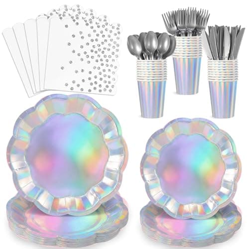 175 Pcs Iridescent Plates and Napkins Set, 25 Guest Iridescent Party Supplies Include Scalloped Plate Napkin Cup Forks Knives Disposable Plastic Cutlery for Birthda Bridal Wedding Disco - Image 1