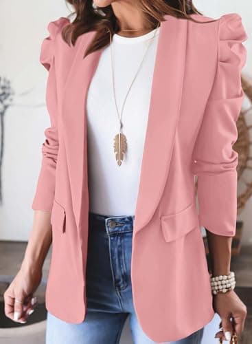KIRUNDO Women's 2026 Spring Fall Casual Blazers Puff Sleeve Lapel Open Front Work Suit Office Blazer Jackets with Pockets(Pink, X-Large) - Thumbnail 4