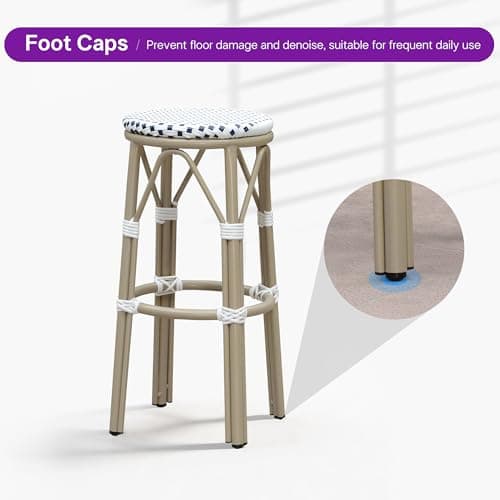PURPLE LEAF Outdoor Bar Stool Rattan 2-Pack Champagne Finish White & Blue - Thumbnail 4