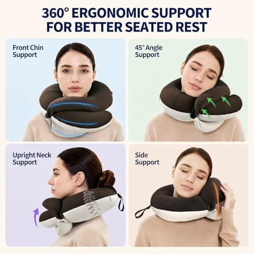 BUYUE Travel Neck Pillows for Airplanes, 360° Head Support Sleep for Long Flight, Skin-Friendly & Breathable, Kit with 3D Contoured Eye Mask, Earplugs and Storage Bag (Adult, Brown, 90+ lbs) - Thumbnail 2