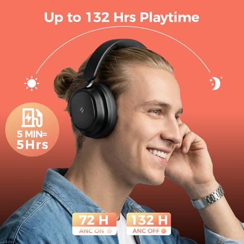 havit Noise Cancelling Headphones Over Ear, Wireless Bluetooth Headphones with 132H Playtime, Fast Charge 5 Min=5H, Foldable, Dual Device, with Mic for Travel Work Office, Black - Thumbnail 3