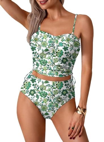 Pink Queen Ruched 2 Piece Bikini Set for Women 2026 Full Coverage Adjustable Straps High Drawstring Waisted Swimsuit for Women Summer Vacation Outfits Tummy Control Bathing Suits Green Floral M - Image 1