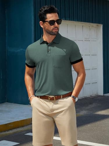 Hardaddy Men's Business Casual Polo Shirt with Pocket Short Sleeve Work Tops with Collar Contrast Color Basic Pullover Tee Slim Fit Green XXL - Thumbnail 2