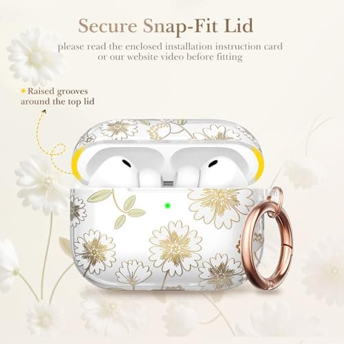 Delidigi Hot Foil Floral Design Case Compatible with AirPods Pro 3 Case with Keychain, Translucent TPU Protective Cover for Apple AirPods Pro 3nd Generation 2025, Two-Piece Snap-Fit - Thumbnail 3