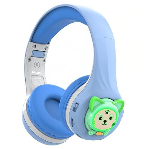 Riwbox CB-7S Kids Wireless Headphones,with Safe Volume Control 74/85/95dB,LED Glow Lights,50H Playtime,Bluetooth V5.3,Built-in Mic, TF Card Slot,for Travel/School/Phone/Laptop(Blue&Grey) - Image 1