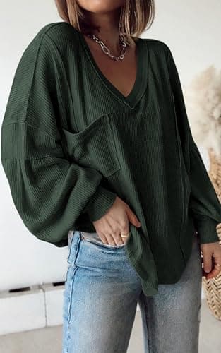 BTFBM Womens Fall Fashion 2026 Long Sleeve Shirts Casual V Neck Ribbed Knit Blouses Pullover Trendy Loose Fit Tunic Tops(Solid Dark Army Green, Small) - Thumbnail 2