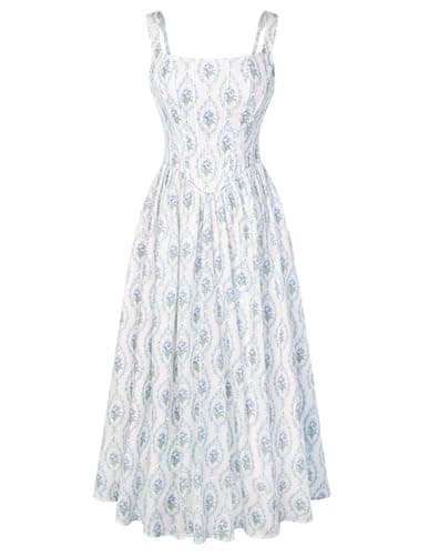 Women's Floral Corset Sundress Square Neck Sleeveless Cottagecore Dresses Summer Casual Dress Blue Size 6 - Image 1
