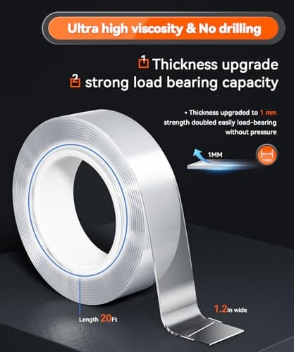 Cosygo Strong Heavy Duty Double Sided Tape, 1.2" x 20FT Extra Large Clear & Tough Removable Nano Filament Tape for Wall Hanging Strip Poster Deco Rug - Thumbnail 5
