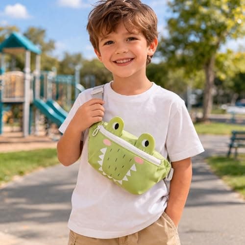 SUNVENO Kids Fanny Pack, Cute Crocodile Cartoon Waist Bag for Boys & Girls, Adjustable Crossbody Belt Pouch Ages 2-8, Travel Beach & Birthday Gift - Thumbnail 2