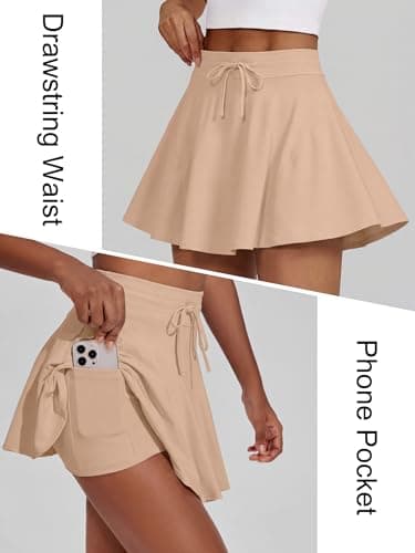 Caracilia Women's Athletic Tennis Skort, Drawstring High Waisted Built-in Shorts, Casual Skirt for Summer Daily Wear & Sports Apricot X-Small - Thumbnail 5