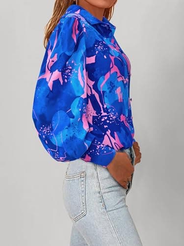 BTFBM Summer Blouses for Women Dressy Casual 2026 Long Sleeve Button Down Shirt V Neck Boho Spring Tops Fashion Clothing(Floral Blue Pink, Medium) - Thumbnail 5