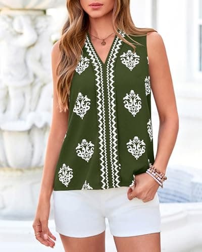 BTFBM Womens Tank Tops Floral Printed V Neck Sleeveless Spring 2026 Business Work Dressy Casual Shirts Chiffon Blouses(Army Green, XX-Large) - Thumbnail 2