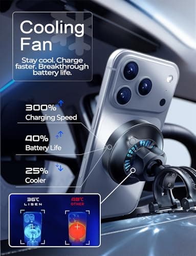LISEN for Qi2.2 25W MagSafe Car Mount Charger，[Top Spec with Cooling Fan＆95W Fast Adapter] Wireless Car Charger 25W Galaxy S26 Ultra Car Charger Fast Charging for iPhone 17 Pro Max Air 16-12 Series - Thumbnail 4