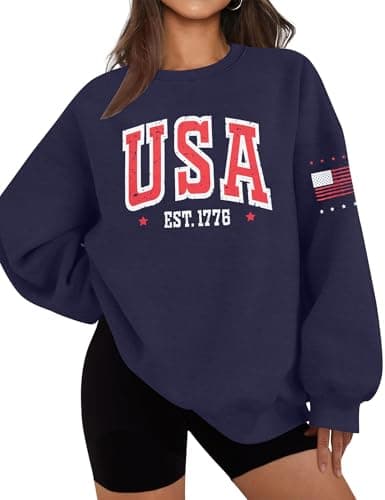 ASTANFY USA 250th Anniversary Sweatshirt Womens Casual Long Sleeve Graphic Shirts American Team Flag CrewNeck Pullover Tops Navy Blue - Image 1