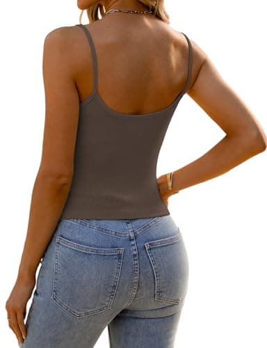 GKBK Women's Spaghetti Strap Tank Top Scoop Neck Ribbed Knit Henley Tank Tops Slim Fit Sleeveless Summer Cami Shirts Brown XL - Thumbnail 5