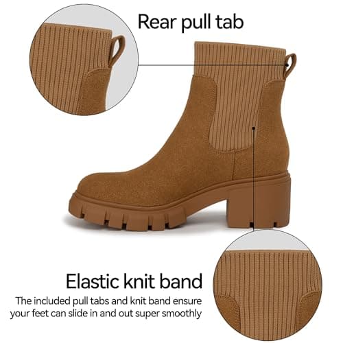 Athlefit Women's Brown Chelsea Boots Fall Platform Ankle Suede Boots Slip on Chunky Lug Sole Boots Size 7.5 - Thumbnail 4