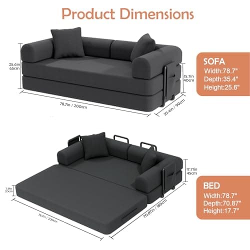 POWERFUEL 5-in-1Convertible Sofa Bed, 79" Compressed Sofa,Corduroy Boneless Couch with Pillow, Comfy Modular Foldable Floor Sleeper Sofa for Bedroom, Living Room, Lounge, Studio,1200 lbs Capacity - Thumbnail 2