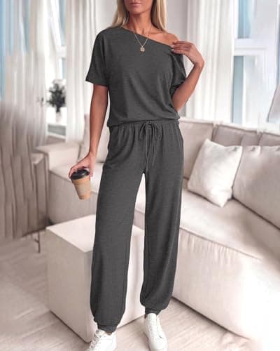 Zenlonr Women Summer 2 Piece Outfits 2026 Off Shoulder Short Sleeve Tops Elastic Waist Drawstring Long Pants Tracksuit(Dark Grey,Medium) - Thumbnail 6