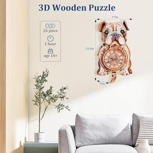 Kosmickiss Wooden Models for Adults to Build-Bulldog Clock with Swinging-3D Wooden Puzzles for Adults-Dog Mom Gifts for Women-DIY Clock Kit - Thumbnail 3