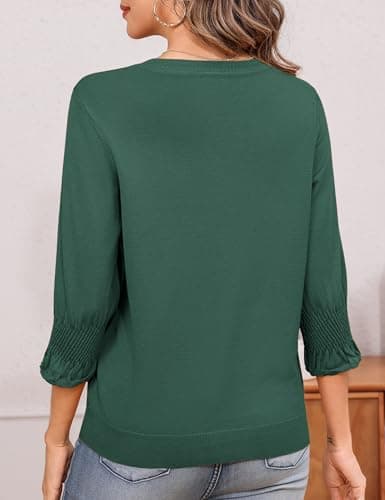 Totatuit Sweater 3/4 Sleeve Tops for Women 2026 Pullover Jumper Dressy Fit Crew Neck Pleated Sweater Forest Green XX-Large - Thumbnail 3