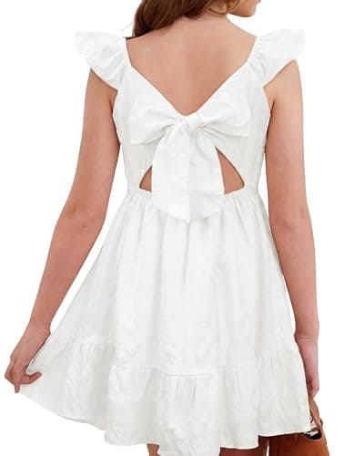 Stelle Girls Flutter Sleeve Tie Back Dress, White, 12-13 Years - Image 1