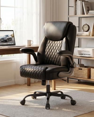 COMHOMA Mid-Back Office Chair, Ergonomic PU Desk Chair with Flip up Arms, Small Computer Gaming with Comfy Lumbar Support,Rocking Function,Sturdy Metal Base, Ink Black - Thumbnail 3