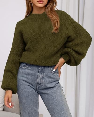 BTFBM Sweaters for Women Fall 2026 Crew Neck Lantern Long Sleeve Oversized Sweater Casual Knit Winter Pullover Tops(Army Green, XX-Large) - Thumbnail 5