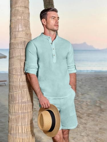 JEMLDL Men's 2 Piece 2 in 1 Linen Cotton Set Casual Long Sleeve Cuban Henley Shirt & Shorts Summer Vacation Outfits Light Green 3XL - Thumbnail 3