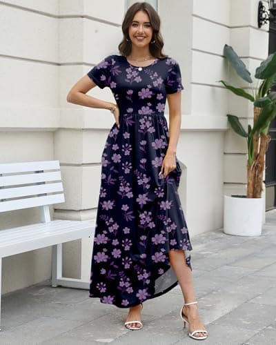 COSSEN Women’s Crewneck Short Sleeve Maxi Dress Purple Print Large with Pockets – Casual Loose Swing Sundress for Wedding Guest, Beach & Vacation - Thumbnail 3