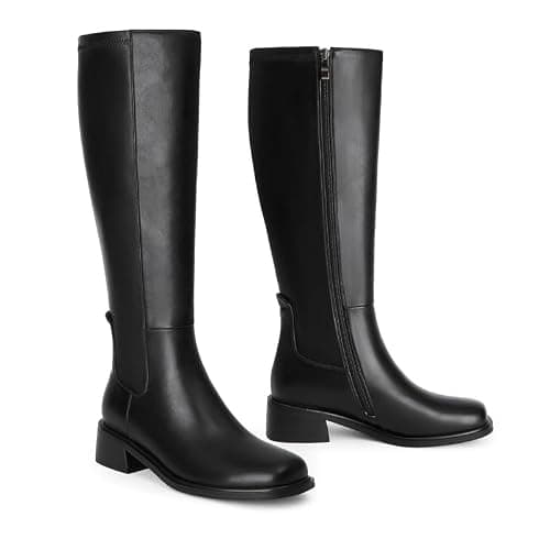 QIY Black Boots for Women Low Heel Knee High Black Heeled Boots for Women Dress Block Chunky Heel Square Toe Leather Tall Long Flat Boots No Heel Size 6.5 - Thumbnail 6