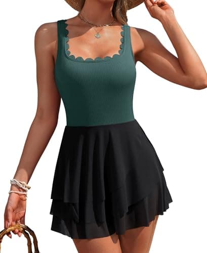 Charmo Swimdress Women Tummy Control Swimsuits Women Bathing Suit Scalloped One Piece Swimsuit Women Green and Black L - Image 1