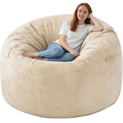SIMFLAG 6FT Bean Bag Chair, Large Bean Bag Chairs with Memory Foam Filled, Fluffy Beanbag Sofa with Dutch Velvet Cover, Round BeanBag Chairs for Living Room, Playroom - Dark Beige - Image 1