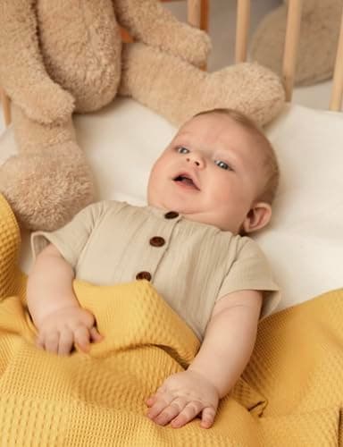 Milna Baby 100% Cotton Waffle Blanket for Boys & Girls, 100x120 cm Breathable Muslin Baby Blanket for Crib, Stroller & Swaddle, Soft Lightweight Toddler Receiving Blanket, (Yellow) - Thumbnail 5
