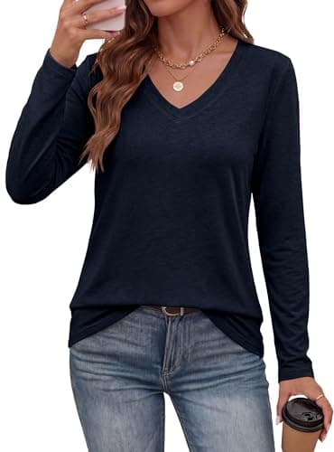 PRETTYGARDEN Womens Long Sleeve Shirts V Neck Basic Tees (Dark Blue,M) - Image 1