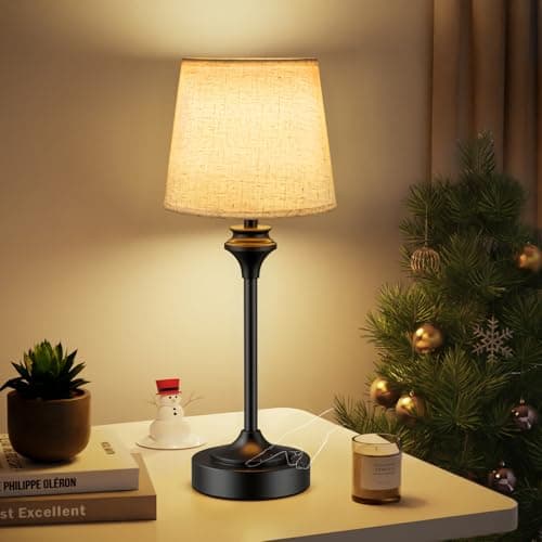 NIORSUN Portables Cordless Table Lamp,Flaxen Fabric Shade Battery Operated Lamp,5200mAh Bedside Table Lamp with Warm White,3 Way Dimmable Touch Desk Lamp for Bedroom Living Room Restaurant (Black) - Image 1