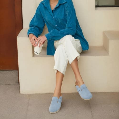 Dumalum Women's Suede Clog Leather Mules Arch Support Potato Shoes with Comfort Cork Footbed - Blue Clogs for Women Men Unisex Antislip Slippers Sandals - Thumbnail 2