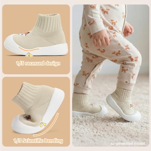 STQ Baby Shoes Sock Walking Shoes Infant Non-Slip Breathable Slippers with Soft Sole Boys Girls Slip On Sneakers Lightweight Toddler Wide Toe Box First Shoe Beige Fox 6-9 Months - Thumbnail 4
